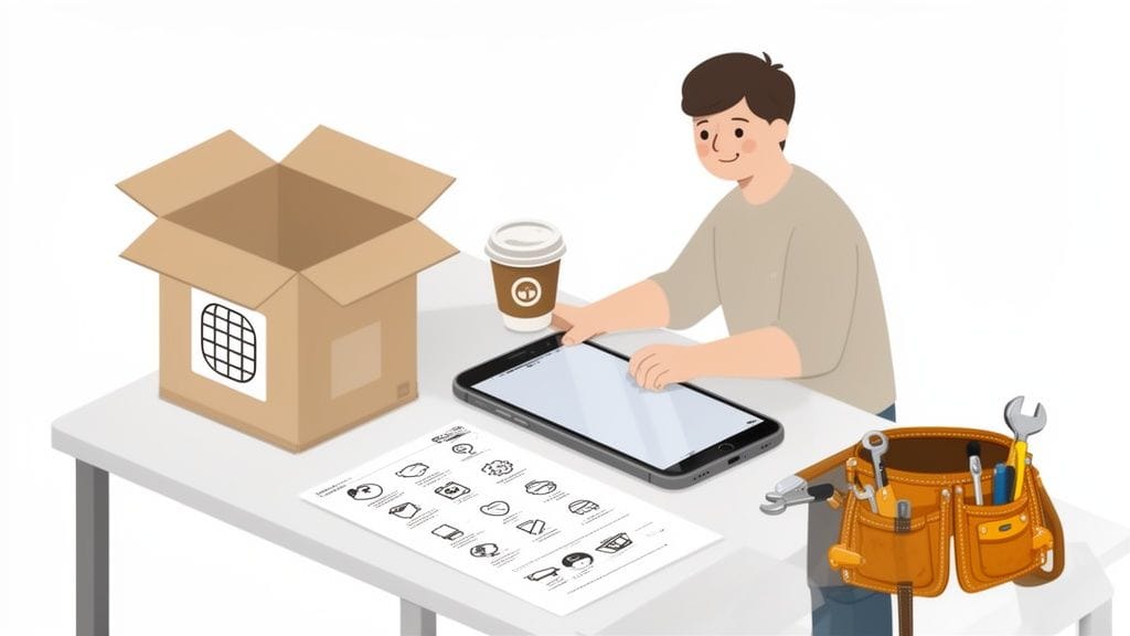 An illustration of a man using a tablet on a desk with a box, coffee, and tool belt.