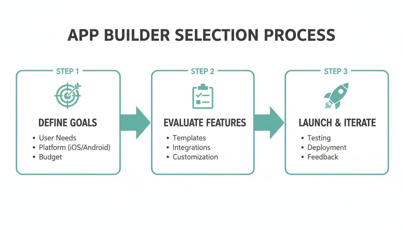An infographic illustrating the three-step app builder selection process: define goals, evaluate features, and launch & iterate.