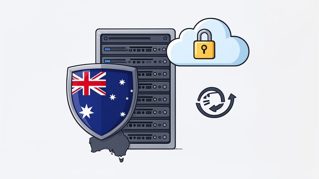 Illustration showing australian server data protected by cloud security and backup services.