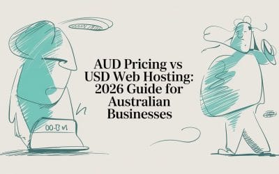 AUD pricing vs USD web hosting: A 2026 Guide for Australian Businesses aud-pricing-vs-usd-web-hosting-cartoon-figures