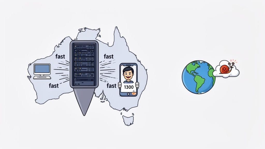 An illustration showing fast local connections in australia to a server, while international connections are slow.