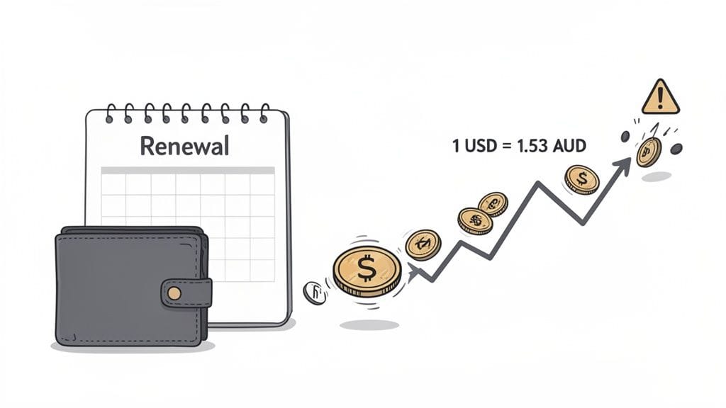 A wallet, renewal calendar, and rising graph with coins and a warning about usd to aud exchange rate.
