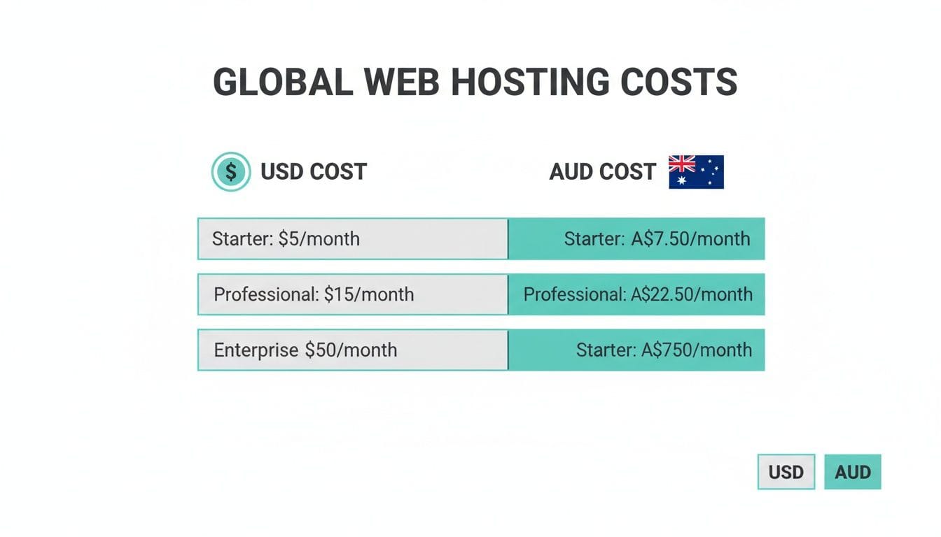 Comparison table of global web hosting costs for starter, professional, and enterprise plans in usd and aud.