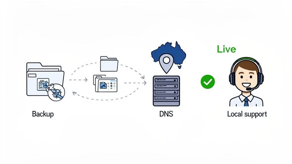 Diagram illustrating data backup, transfer to an australian dns server, and live local support.
