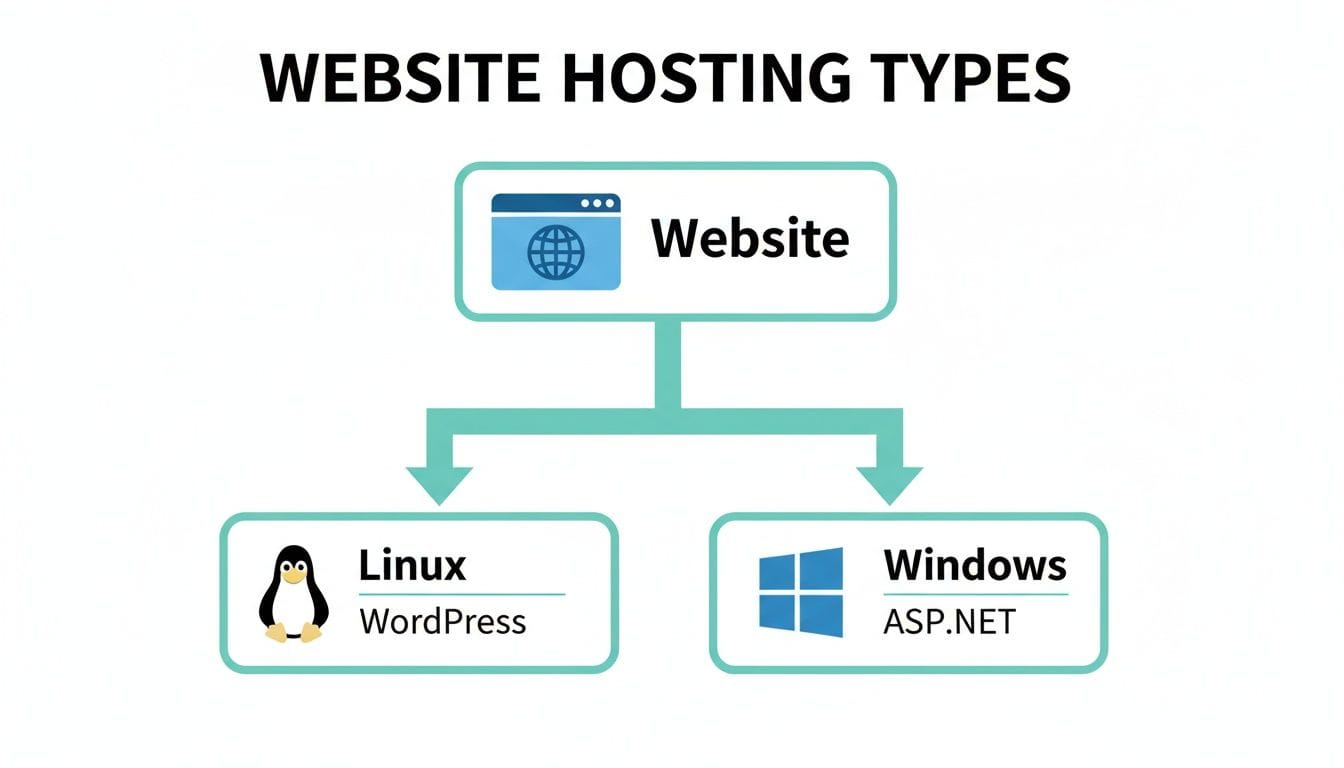 Diagram illustrating website hosting types: linux hosting with wordpress and windows hosting with asp. Net.