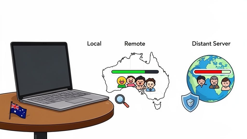 This image illustrates local, remote, and distant server connections with people and progress bars.
