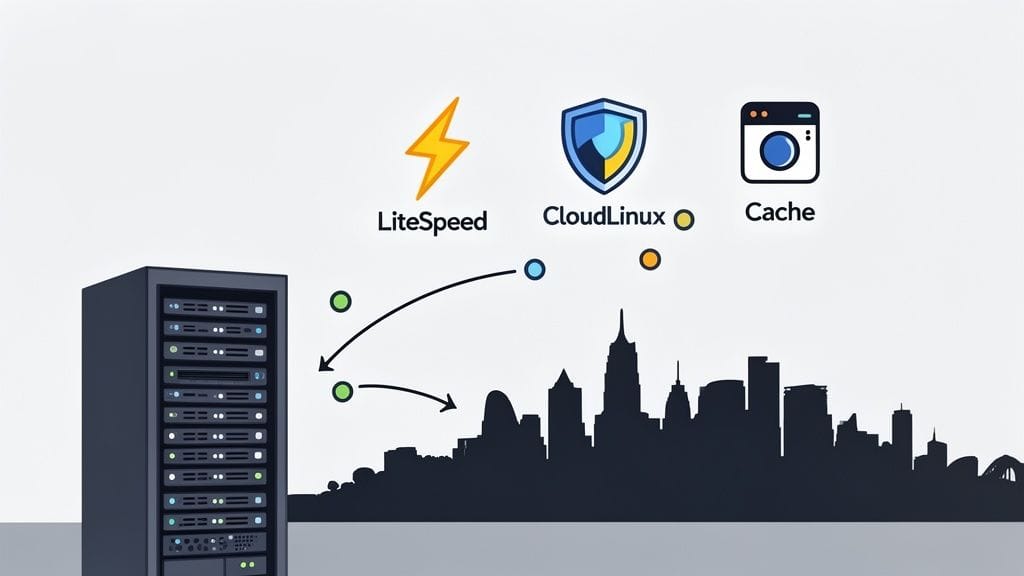 A server rack illustrates data flow to a city skyline, featuring litespeed, cloudlinux, and cache services.