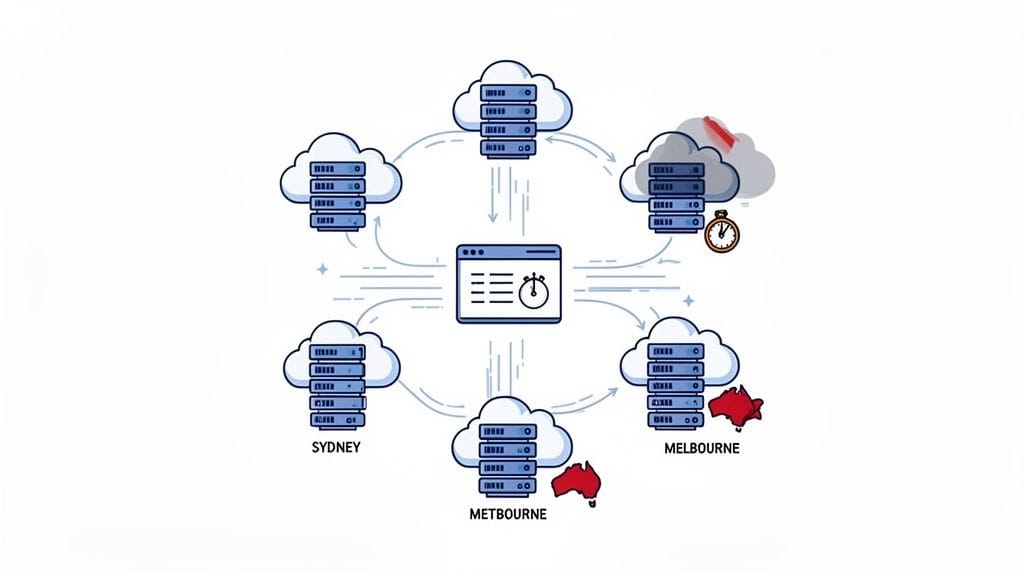 Every Real-World Benefit of Cloud Hosting for Australian Businesses 3 Diagram showing a central application connected to multiple cloud servers in sydney, melbourne, and other regions, with performance indicators.