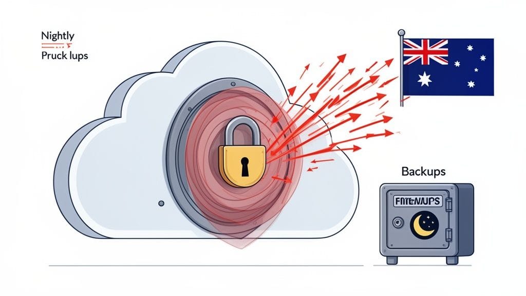Every Real-World Benefit of Cloud Hosting for Australian Businesses 4 Illustration of a cloud with a padlock, red arrows pointing to an australian flag, and a safe labeled 'backups'.