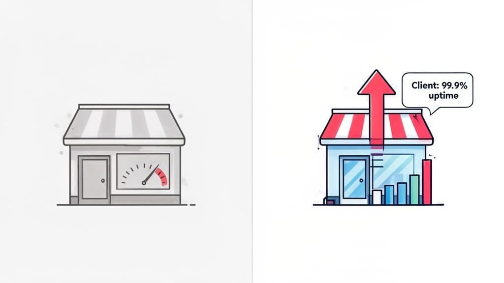 Illustrations of business performance: a struggling store versus one with 99. 9% uptime and growth.