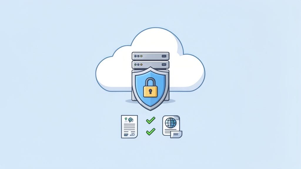 Cloud server protected by a shield with a padlock, representing data security, compliance, and global data protection.