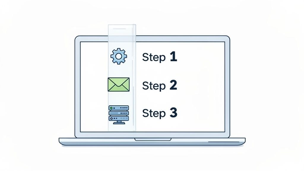 A laptop screen displaying three steps of a process with icons: gear for step 1, envelope for step 2, and server for step 3.