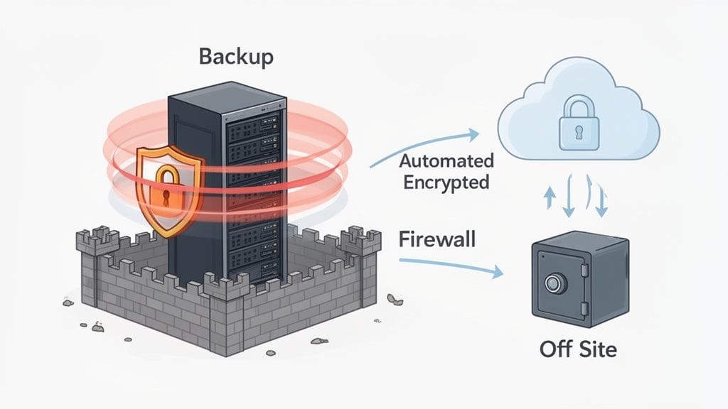 An illustration of a secure data backup strategy, showing a protected server, automated encrypted cloud storage, and an off-site safe.