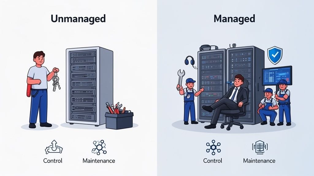 Cartoon comparing unmanaged server hosting, where a single person handles maintenance, with managed hosting, handled by a support team.