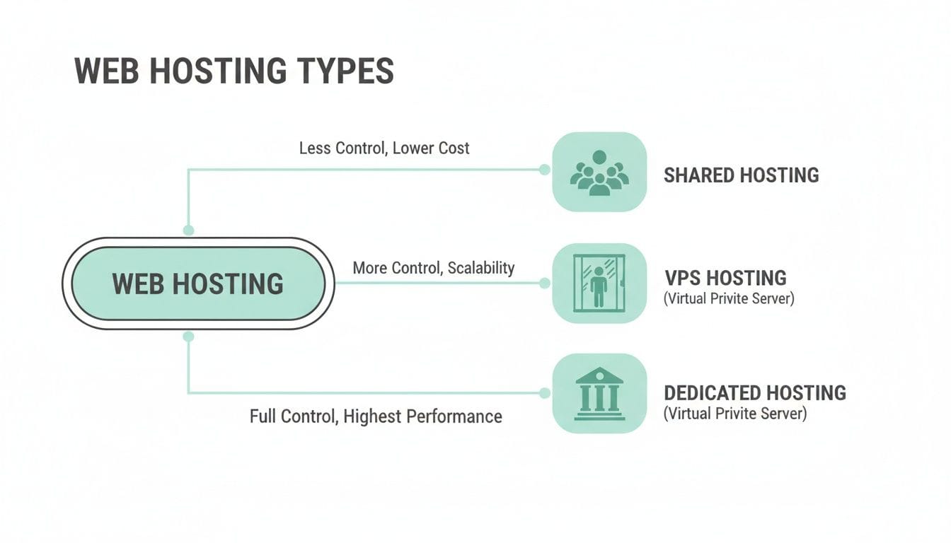 A diagram illustrating three web hosting types: shared, vps, and dedicated, with their control, cost, and performance attributes.
