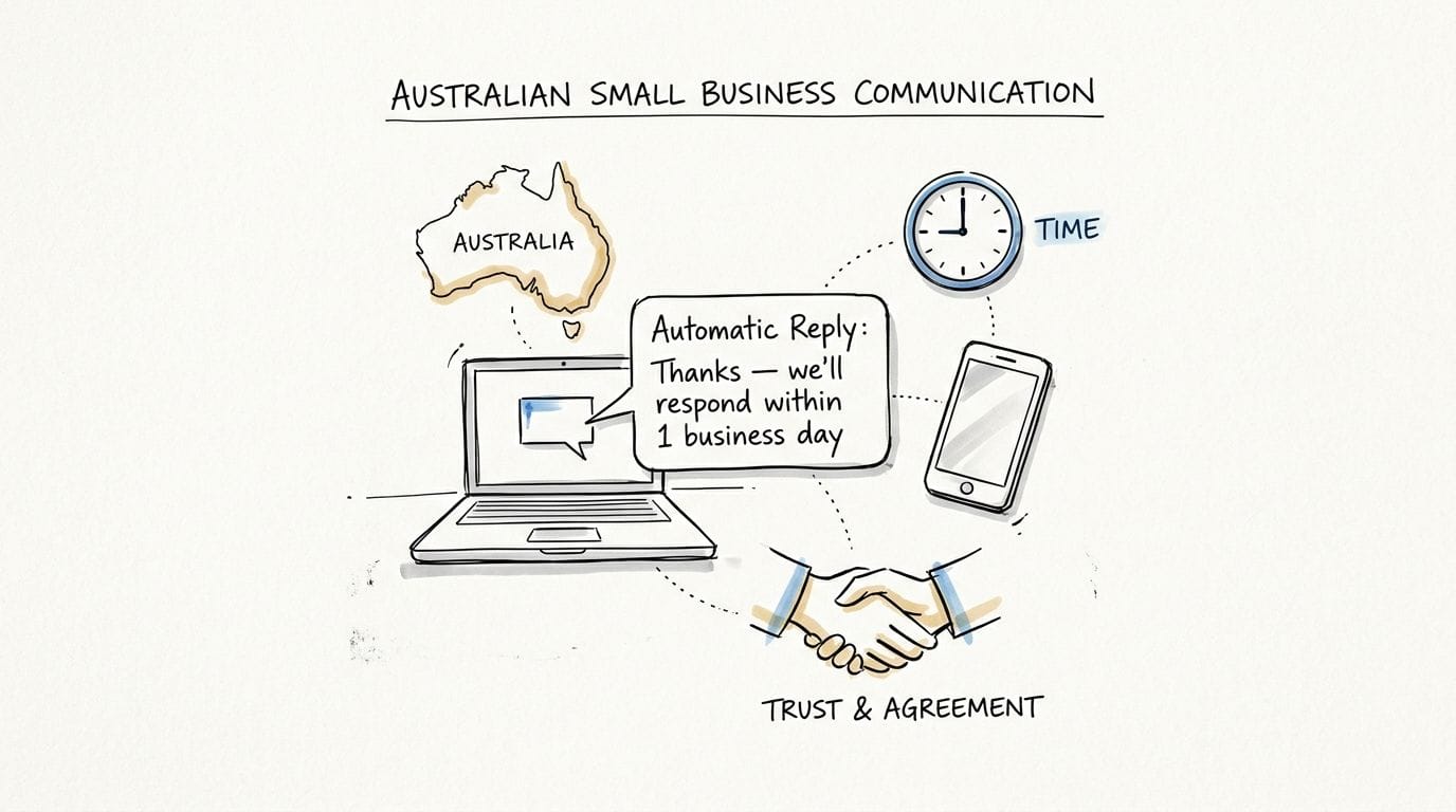 Illustration detailing australian small business communication, showing automatic replies, response time, and building trust.