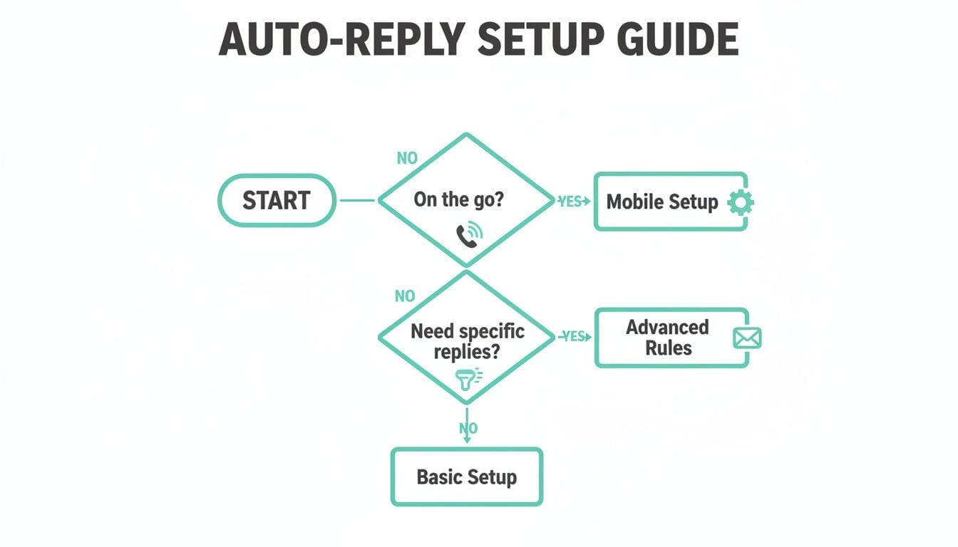 A flowchart titled 'auto-reply setup guide' shows decision points for mobile setup, advanced rules, or basic configuration.