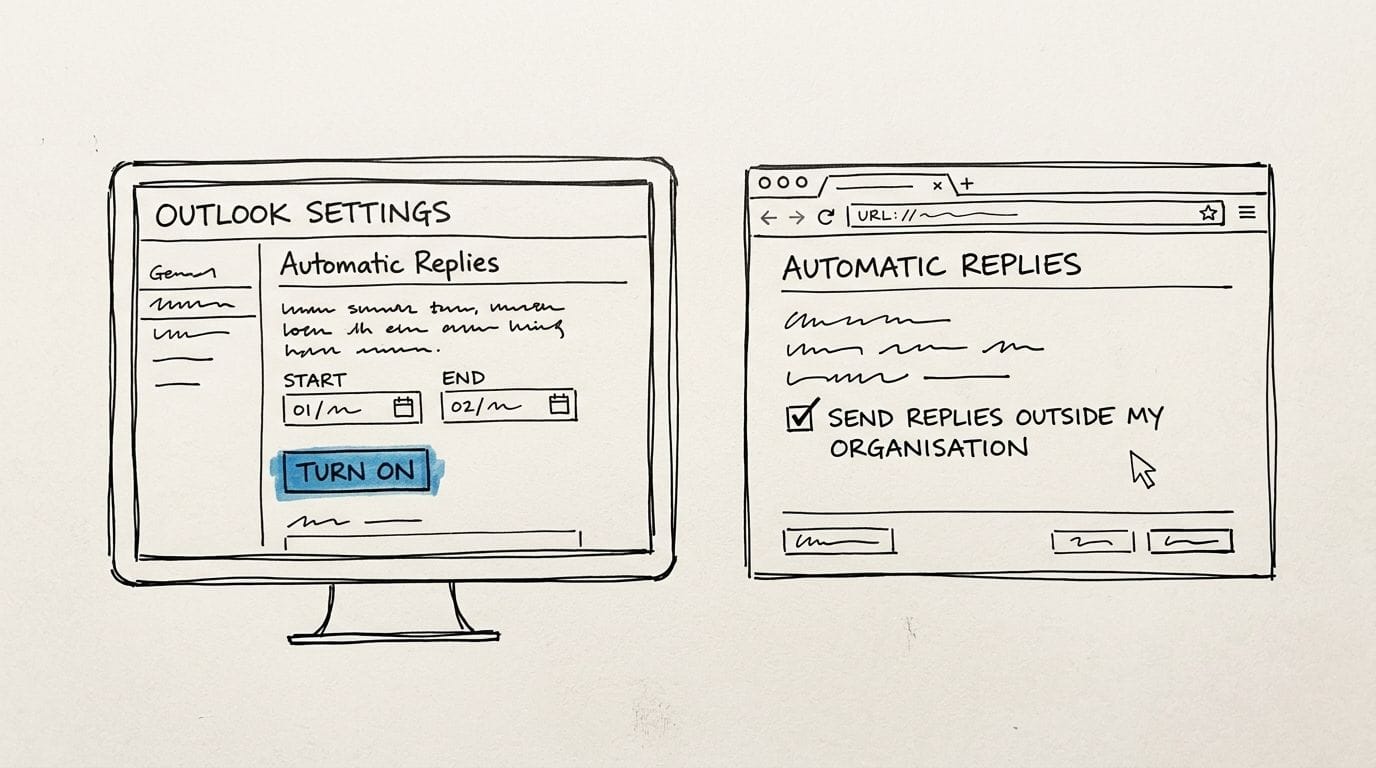 Hand-drawn sketch illustrating outlook settings for automatic email replies, showing setup steps and options.