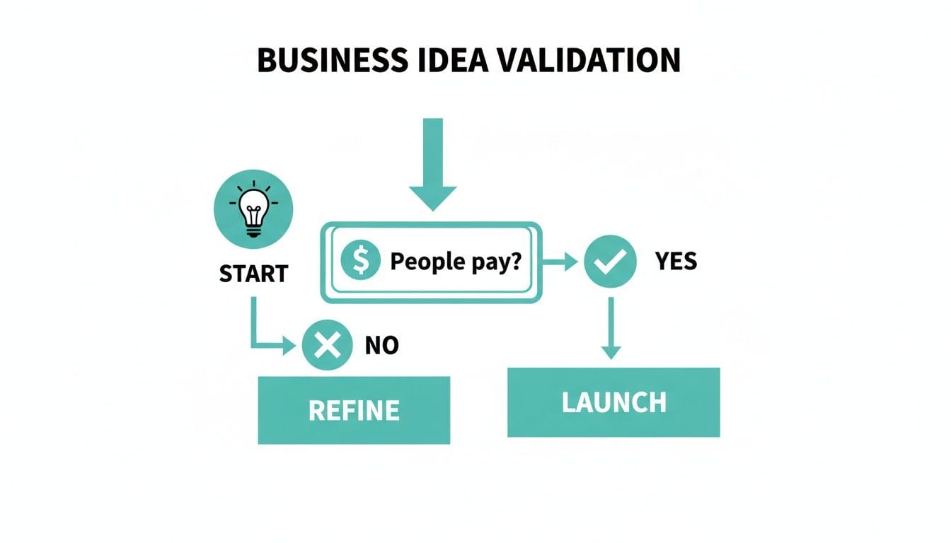 How to Start a Home Business: ABN, Setup & Growth Guide 2026 3 Flowchart illustrating the business idea validation process from start to 'people pay? ' to launch or refine.