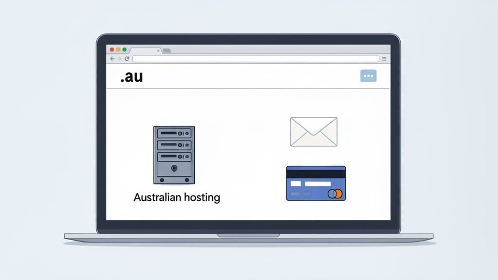 How to Start a Home Business: ABN, Setup & Growth Guide 2026 5 A laptop displays a web browser with '. Au' domain, showing icons for australian hosting, email, and credit card.