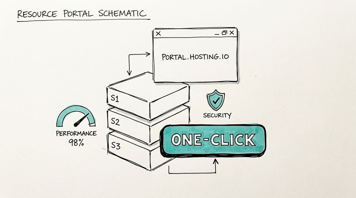 12 Practical Ideas for a Website to Launch in Australia for 2026 1 A hand-drawn schematic illustrating a web resource portal with servers, performance metrics, and one-click security.