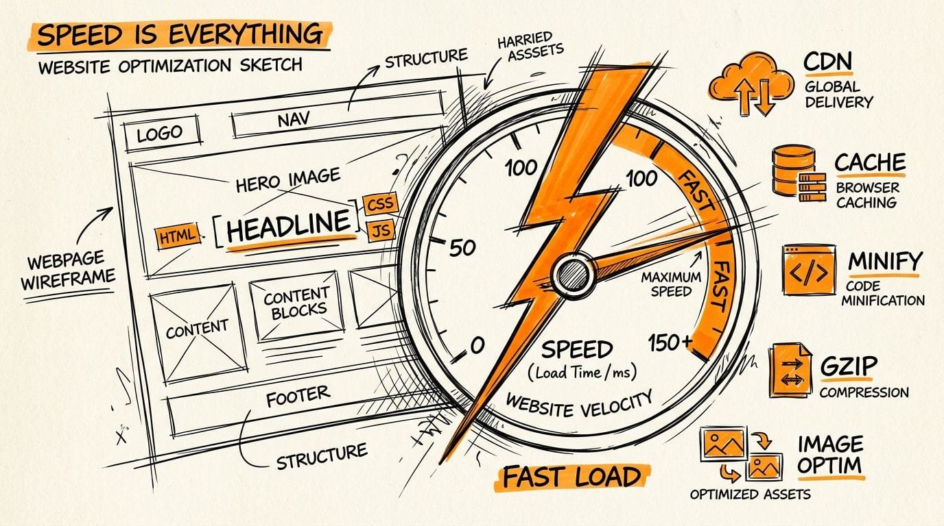 12 Practical Ideas for a Website to Launch in Australia for 2026 7 A detailed sketch illustrating website optimization techniques, a webpage wireframe, and a speedometer indicating fast load times.