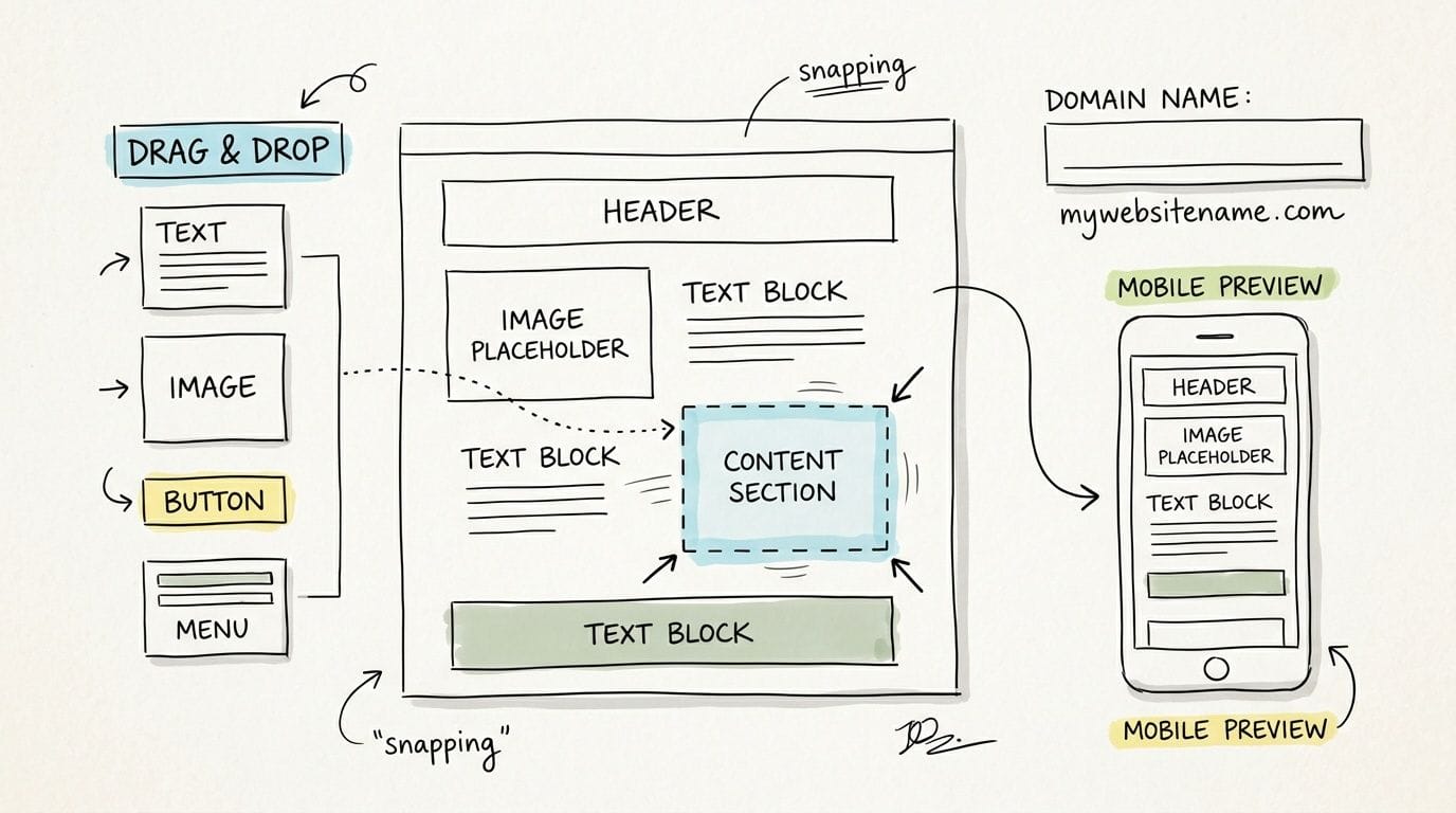 12 Practical Ideas for a Website to Launch in Australia for 2026 3 A diagram illustrating website building with drag-and-drop elements, a desktop layout, and a mobile preview.