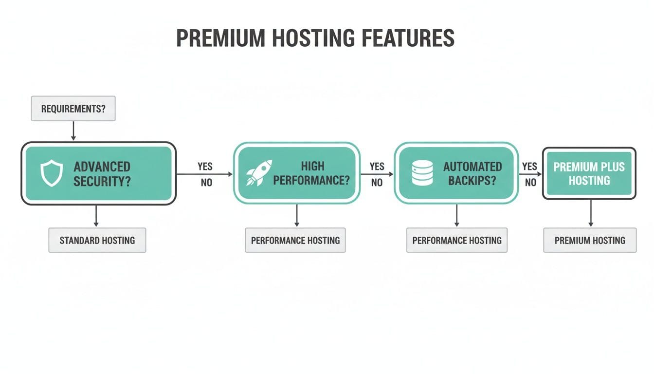 A flowchart illustrating premium hosting features with options for advanced security, high performance, and automated backups.