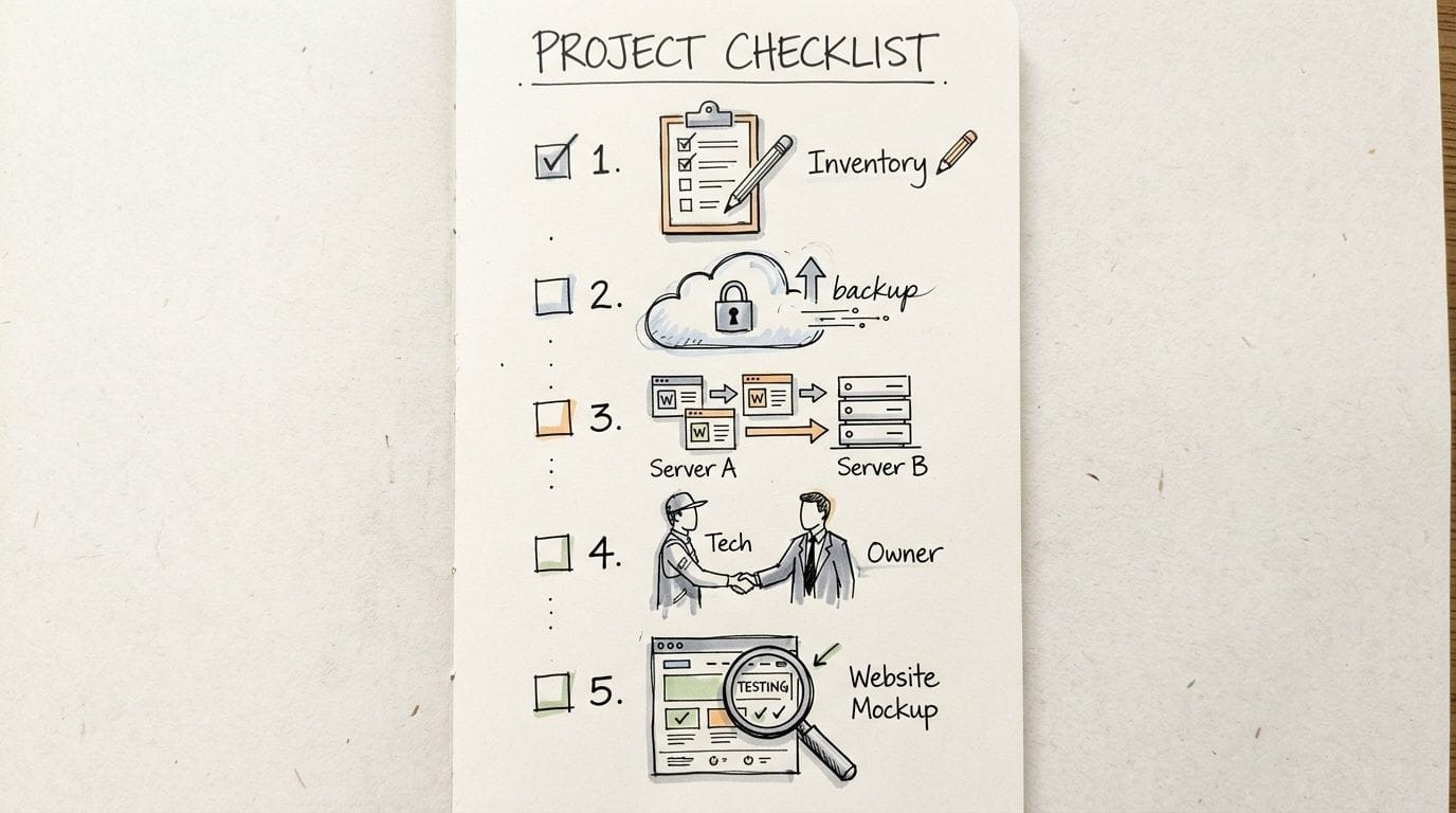 A hand-drawn project checklist illustrating tasks like inventory, cloud backup, server migration, and website testing.