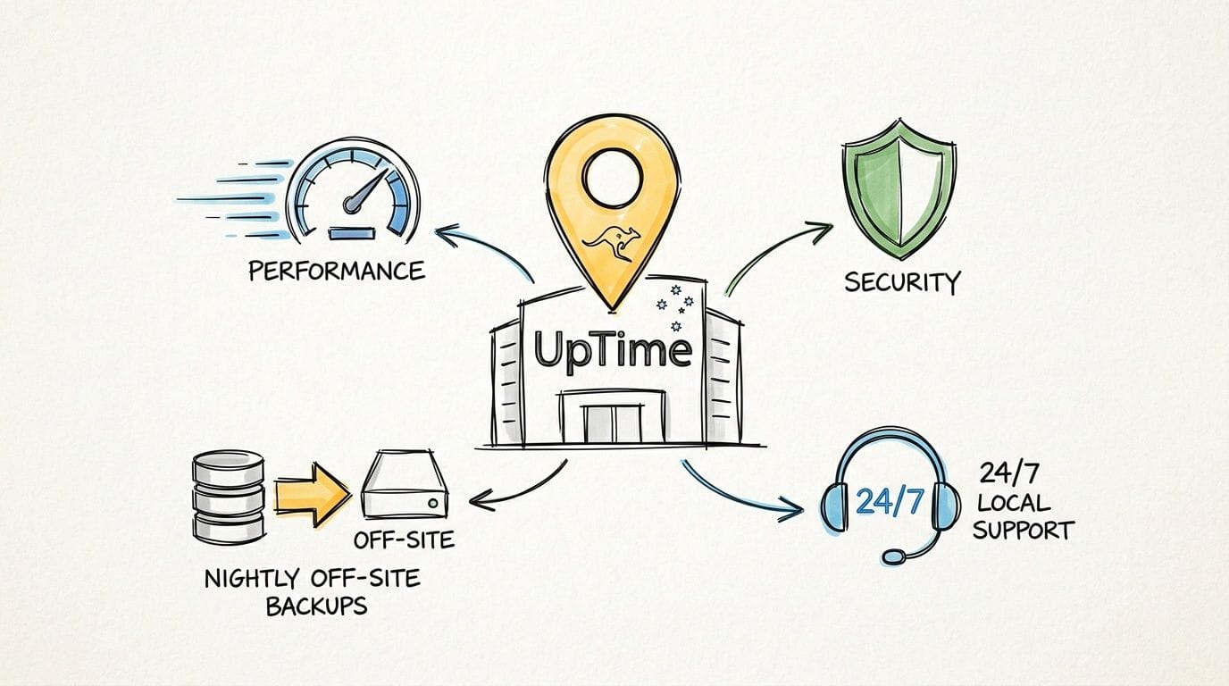 Diagram illustrating uptime's managed web hosting services: performance, security, nightly off-site backups, and 24/7 local support, with an australian location.