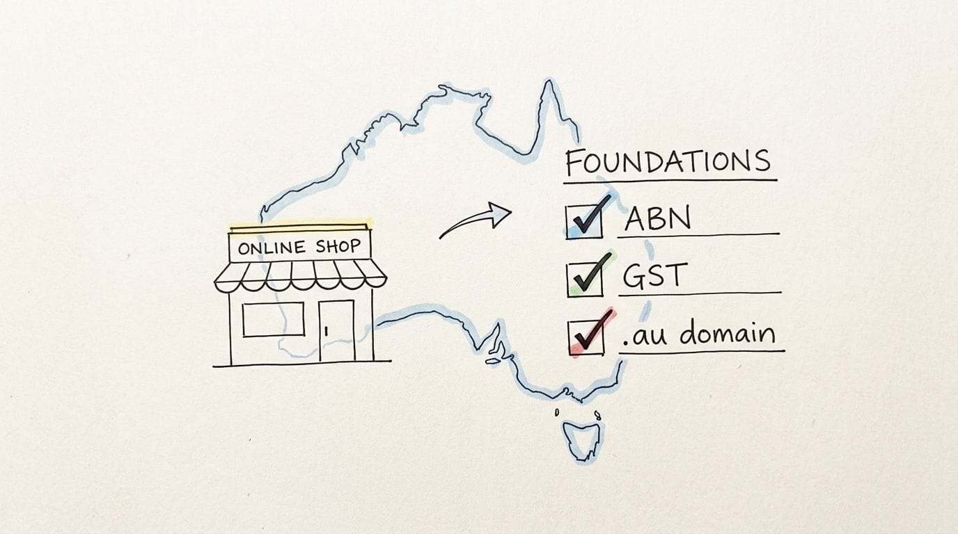 A Practical Guide to Selling Online in Australia for 2026 9 Illustration of an online shop and the foundations for selling in australia: abn, gst, and. Au domain.