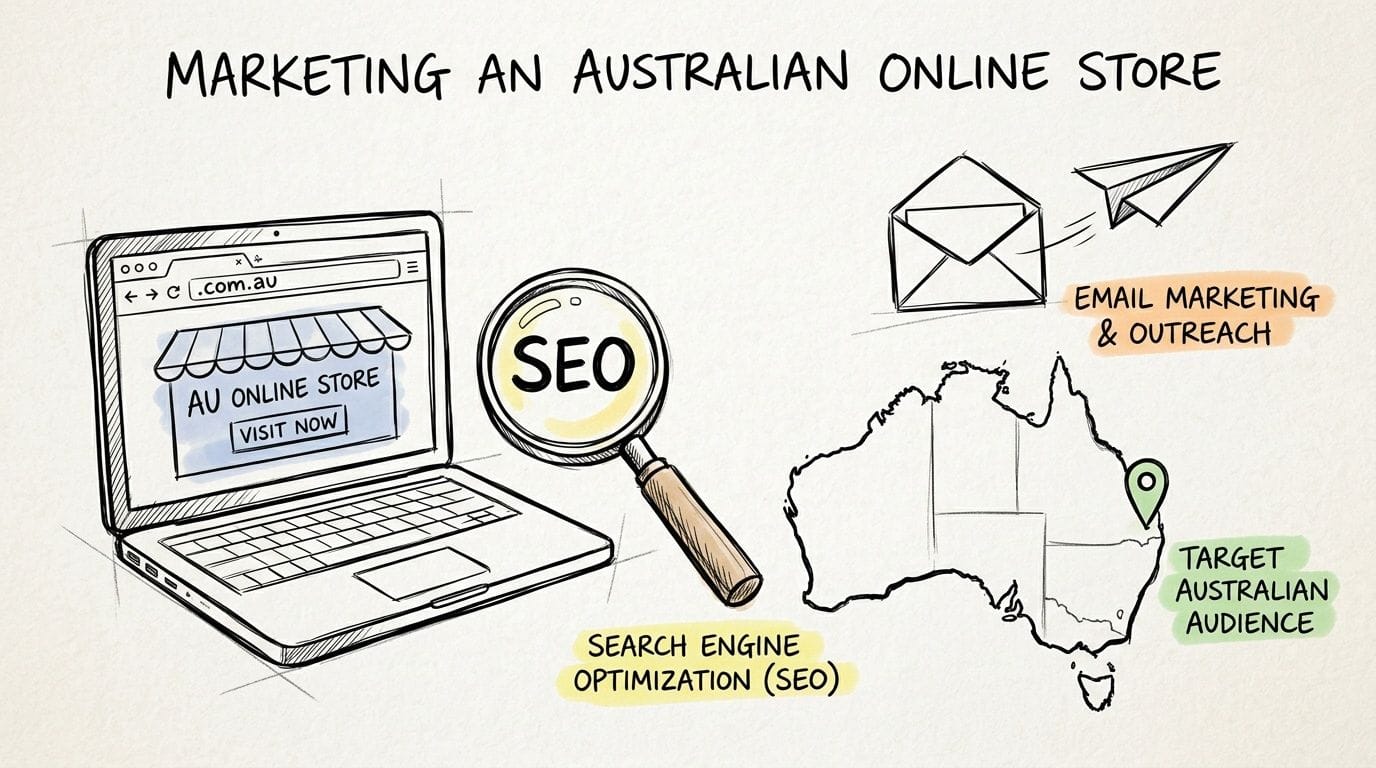 A Practical Guide to Selling Online in Australia for 2026 13 A visual guide to marketing an australian online store, illustrating seo, email marketing, and targeting the australian audience.
