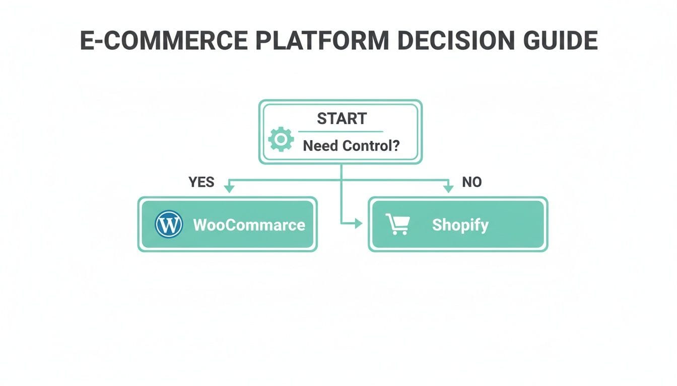A Practical Guide to Selling Online in Australia for 2026 11 Flowchart guiding e-commerce platform choice based on control: woocommerce (yes) or shopify (no).