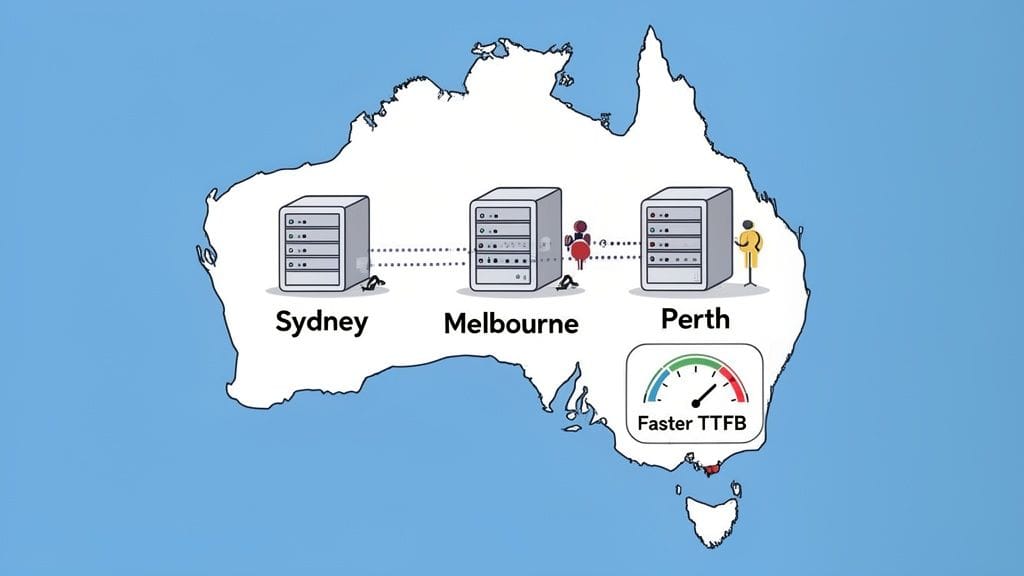 Map of australia showing server locations in sydney, melbourne, and perth, connected with dotted lines, illustrating network performance and user proximity.