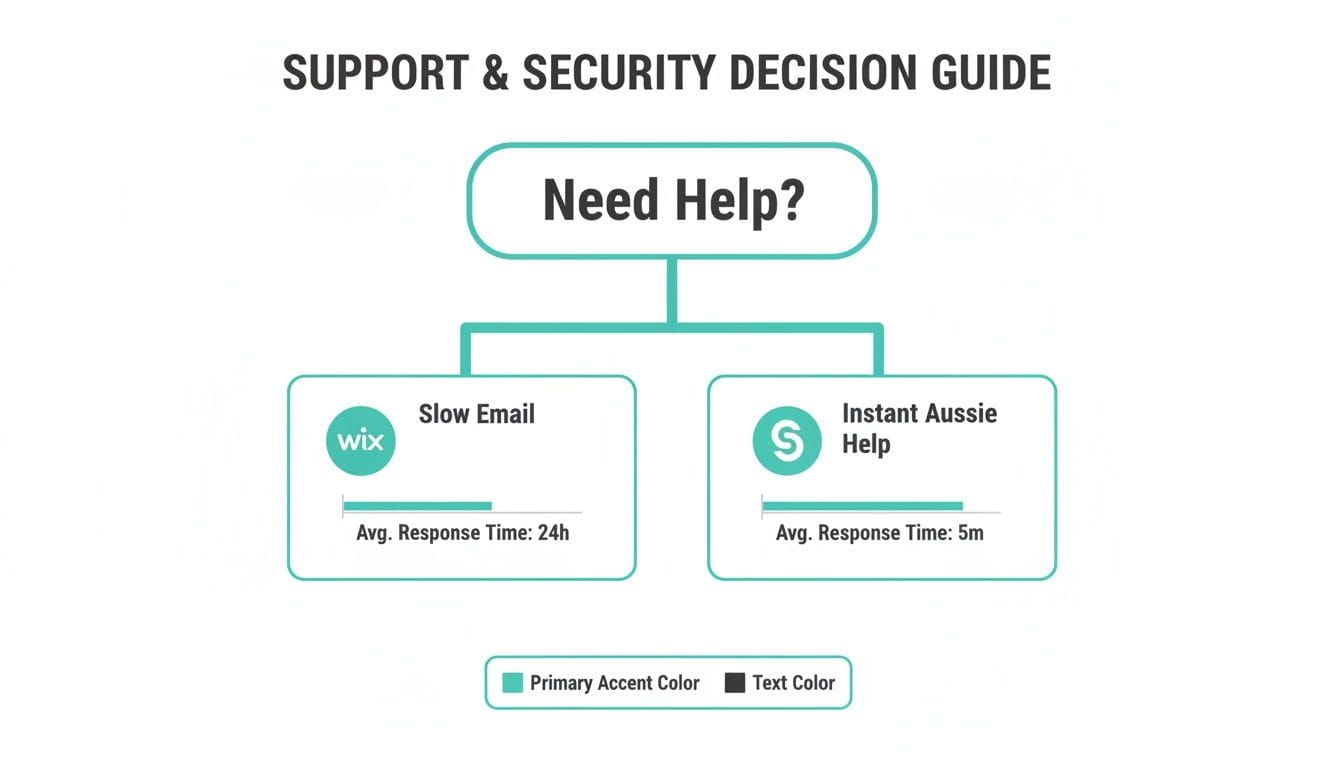 A decision guide flowchart comparing support options: wix (slow email, 24h response) and instant aussie help (5m response).