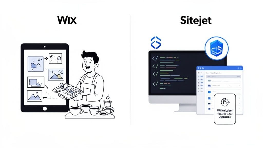 Comparison of wix's user-friendly website builder with sitejet's code-focused, white-label solution for agencies.
