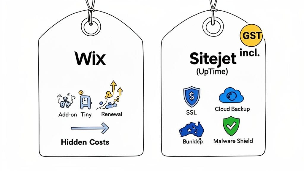 A comparison of wix and sitejet website builders, highlighting hidden costs for wix and included features for sitejet.