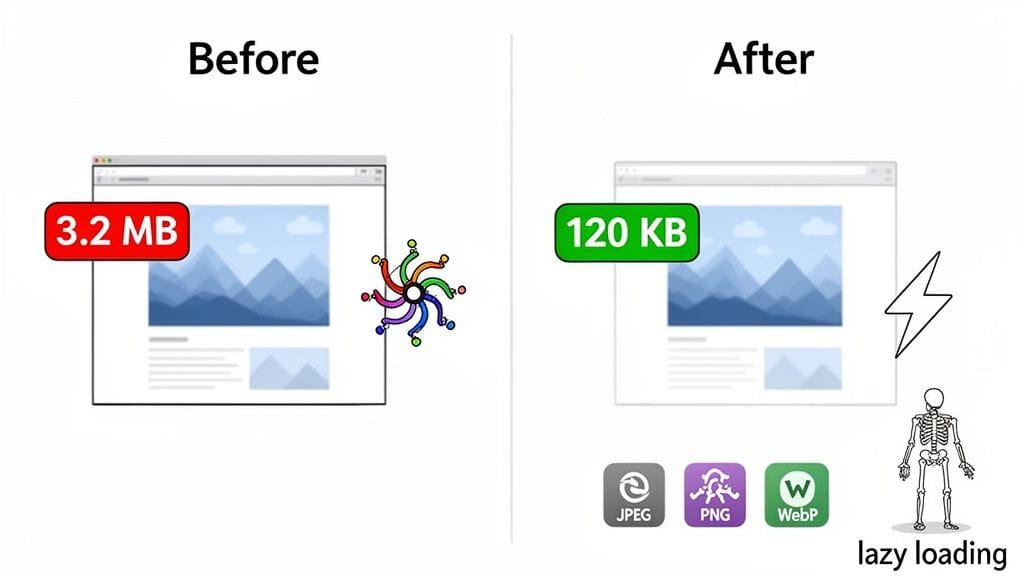 Website loading comparison: 3. 2mb slow before, 120kb fast after image optimization and lazy loading.