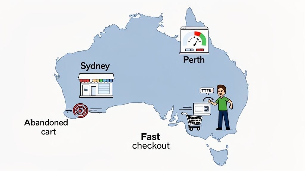 Map of australia illustrating website performance with fast checkout in perth and abandoned carts in sydney.