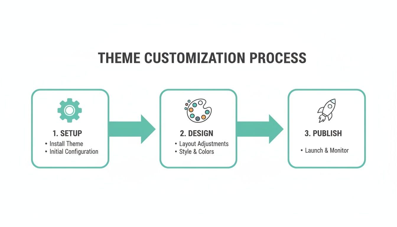 Choosing the Right Theme for WooCommerce in Australia 4 Infographic illustrating a three-step theme customization process: setup, design, and publish phases with details.
