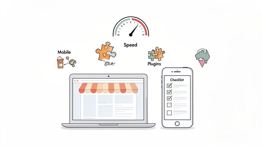 Choosing the Right Theme for WooCommerce in Australia 1 Illustration of an e-commerce website, mobile app checklist, speed meter, plugins, and mobile optimization icons.