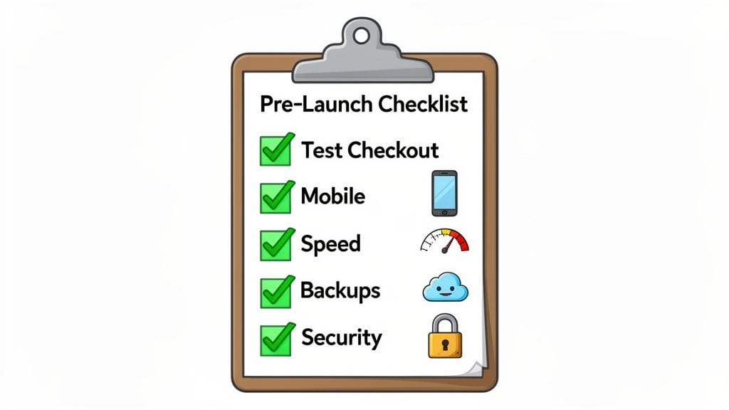 Choosing the Right Theme for WooCommerce in Australia 5 A completed pre-launch checklist on a clipboard with checkmarks for essential website readiness.