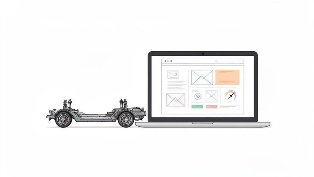 An illustration of a car chassis positioned next to a laptop showing web interface design.