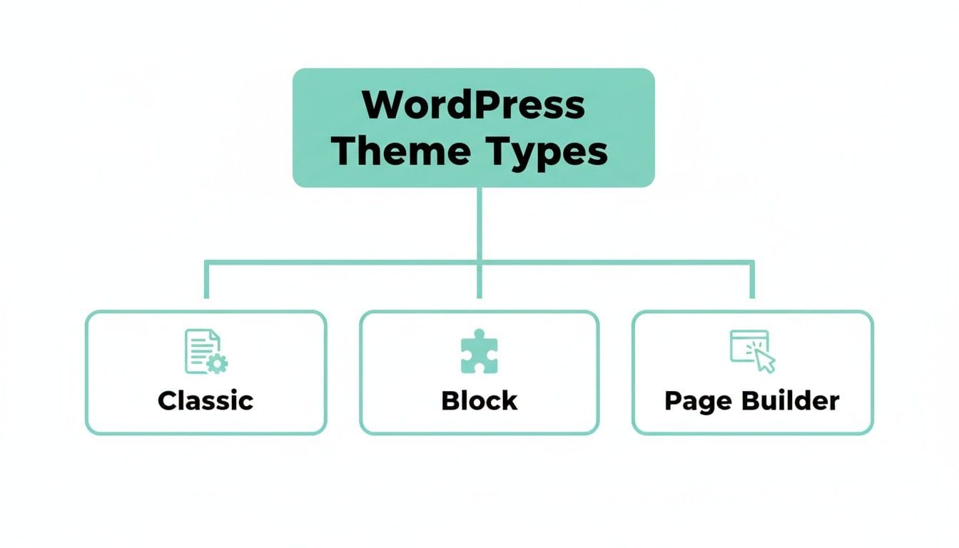 A flowchart visually categorizes wordpress theme types into classic, block, and page builder.