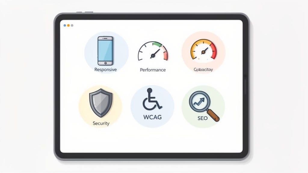 Tablet displaying icons for responsive design, performance, quality, security, wcag accessibility, and seo.