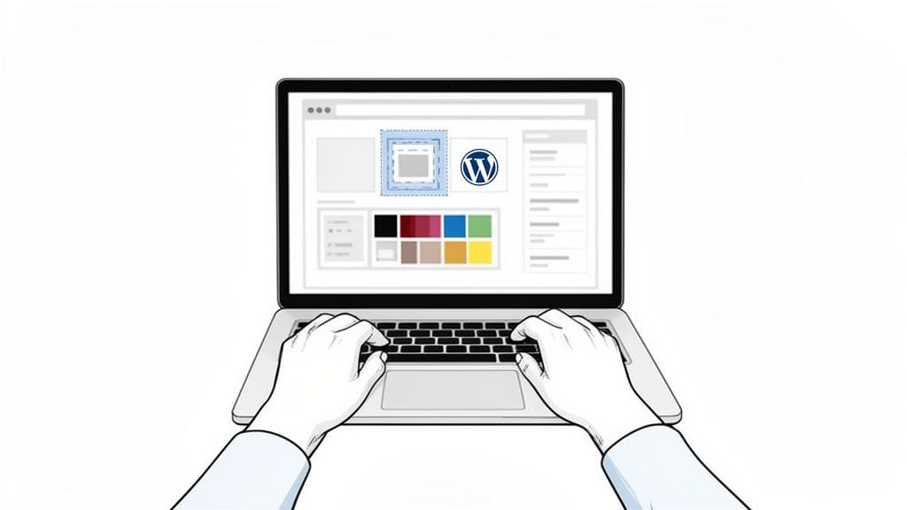 Hands typing on a laptop showing wordpress interface with design options and color palettes.