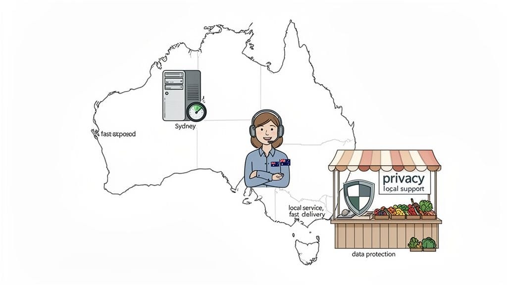 Choosing Australian Website Creation Packages 5 Illustration of australia map depicting local service, fast speed, privacy, and data protection for businesses.