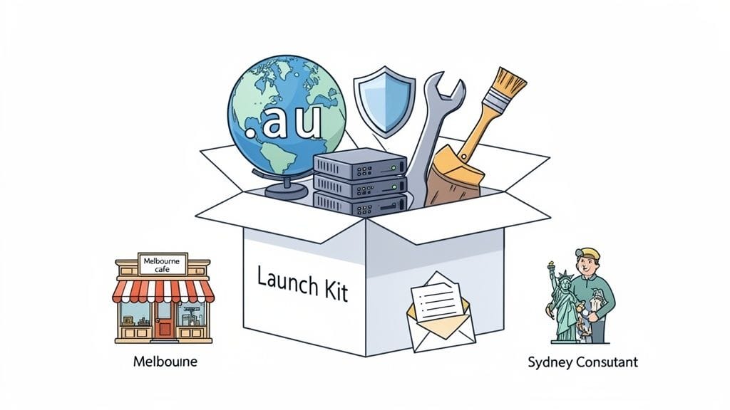 Choosing Australian Website Creation Packages 1 Illustration of a 'launch kit' box with website tools for australian businesses and consultants.