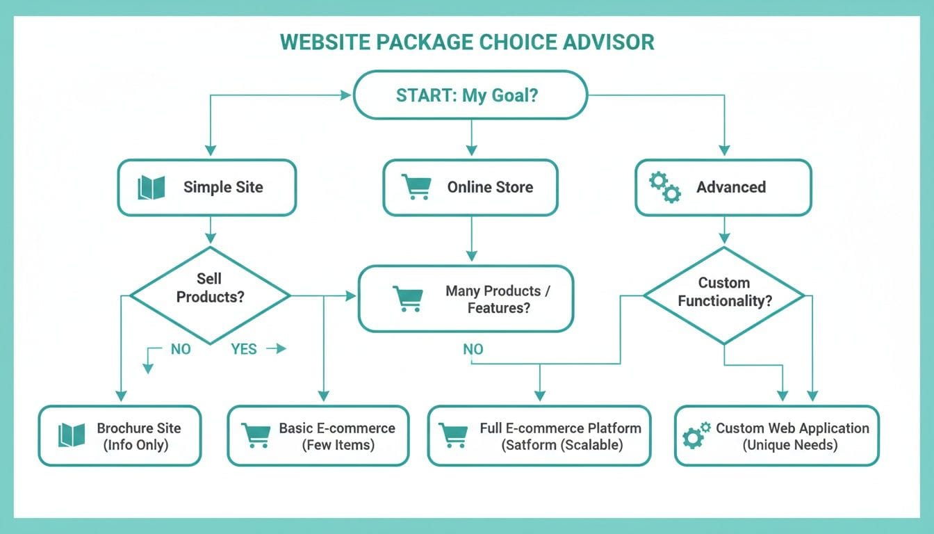 Choosing Australian Website Creation Packages 3 Flowchart guiding users through website package choices, from simple sites to custom e-commerce and web applications.