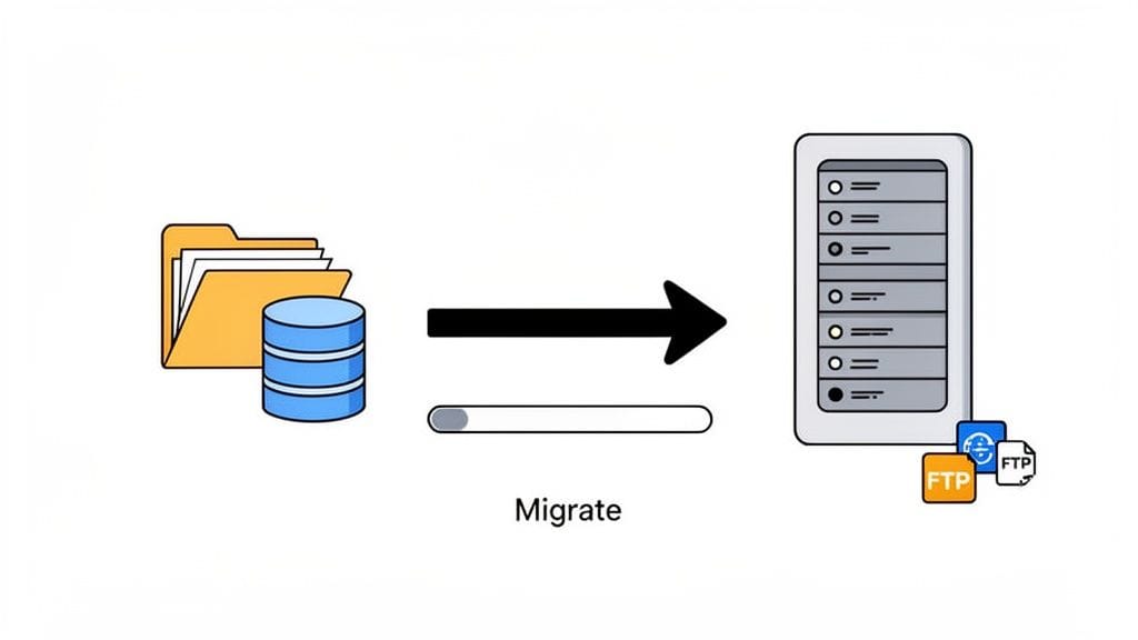 An illustration showing data from a folder and database migrating to a server rack with ftp.